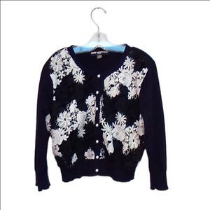 Karl Lagerfeld Black White Floral Crochet Lace Front Cropped Cardigan Sweater
